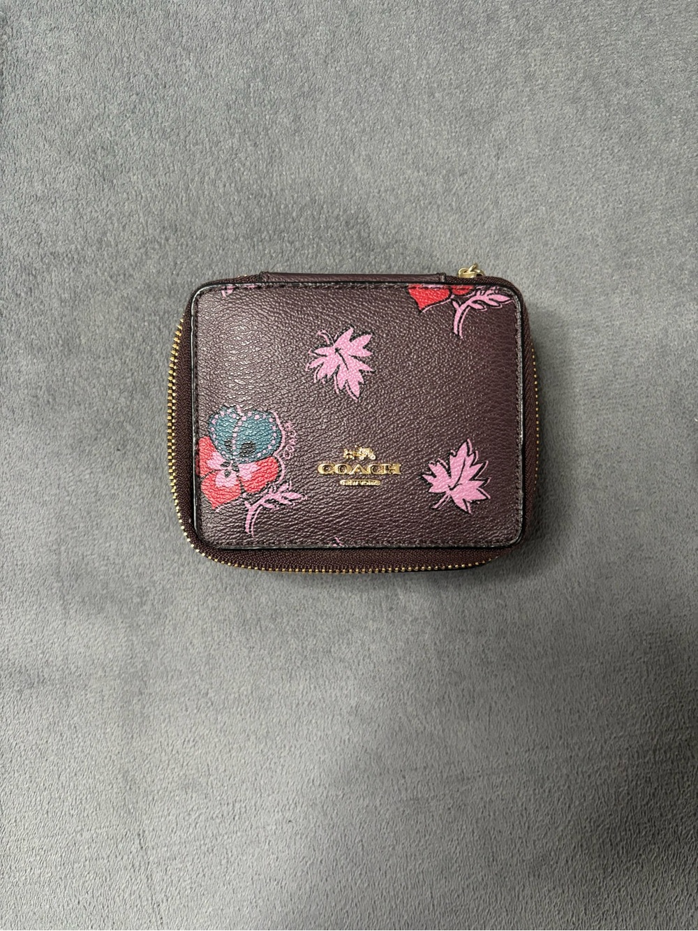 Coach Plum Floral Zip mini jewelry box with Pink Accents